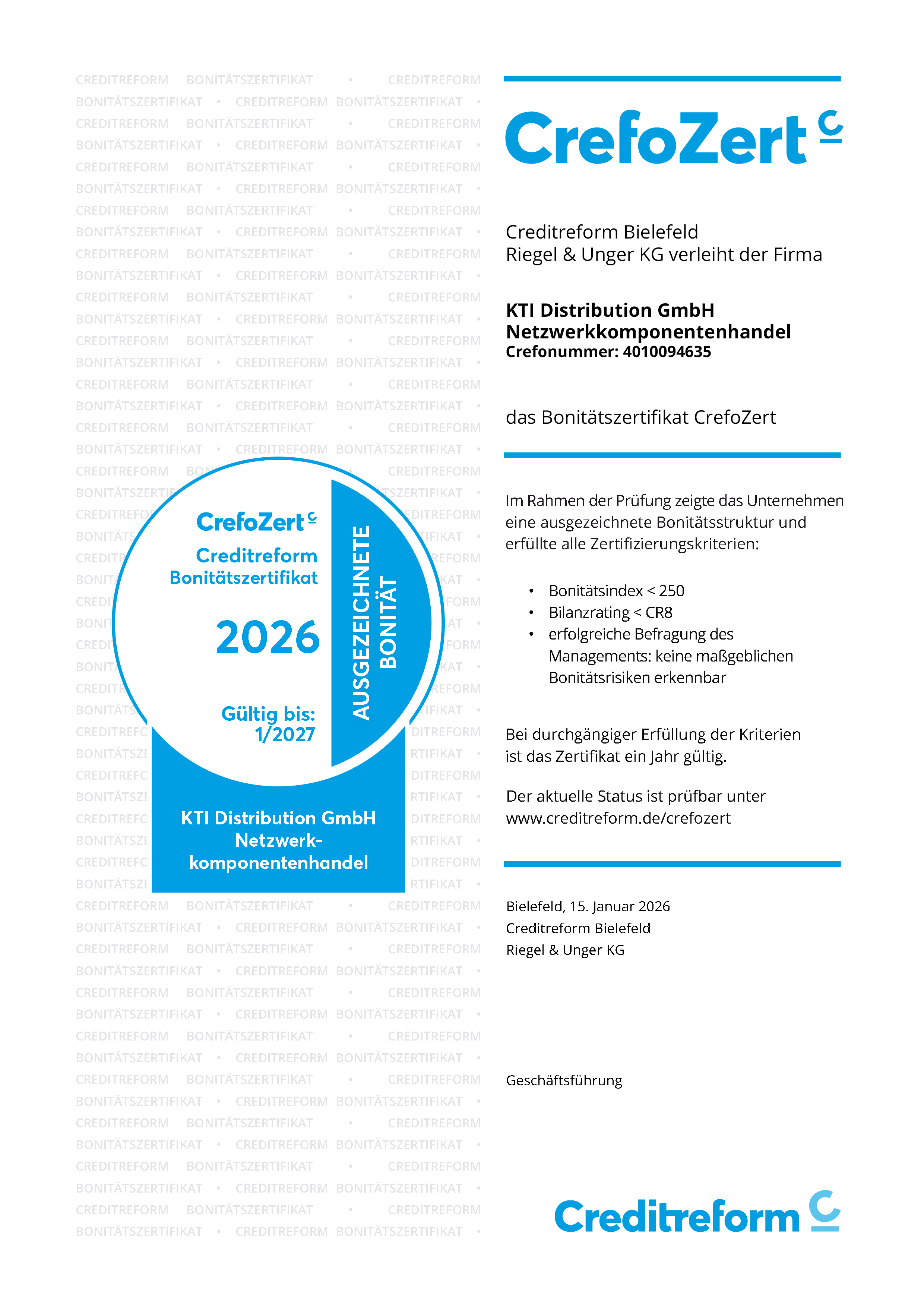 KTI erhält Bonitätszertifikat von Creditreform