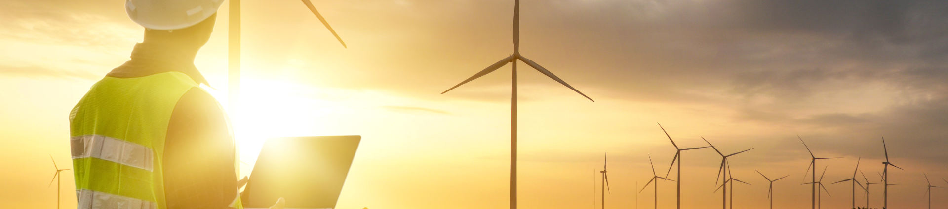 Maintenance worker in front of a distant wind farm