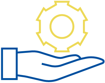 An open hand holding up a yellow gear