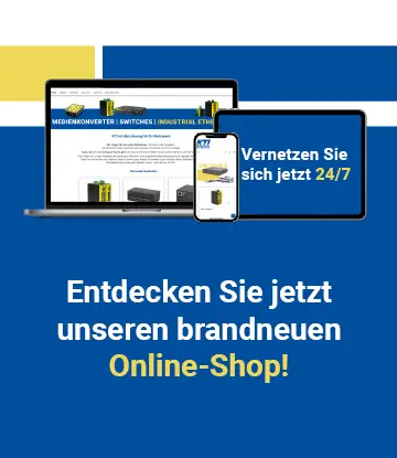 Blaues Transparent mit verschiedenen Netzwerkgeräten und dem Text Medienkonverter, Switches, Netzwerkgeräte