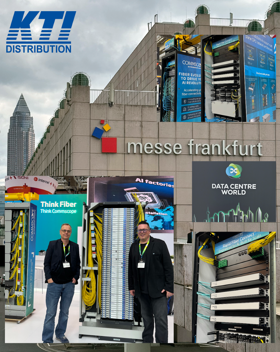KTI and CommScope at Data Centre World Frankfurt – two people in front of the CommScope booth featuring fiber optic and network infrastructure exhibits at Messe Frankfurt.