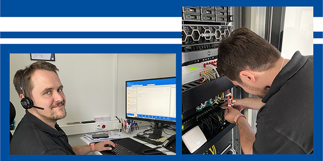 System administrator working on a server cabinet